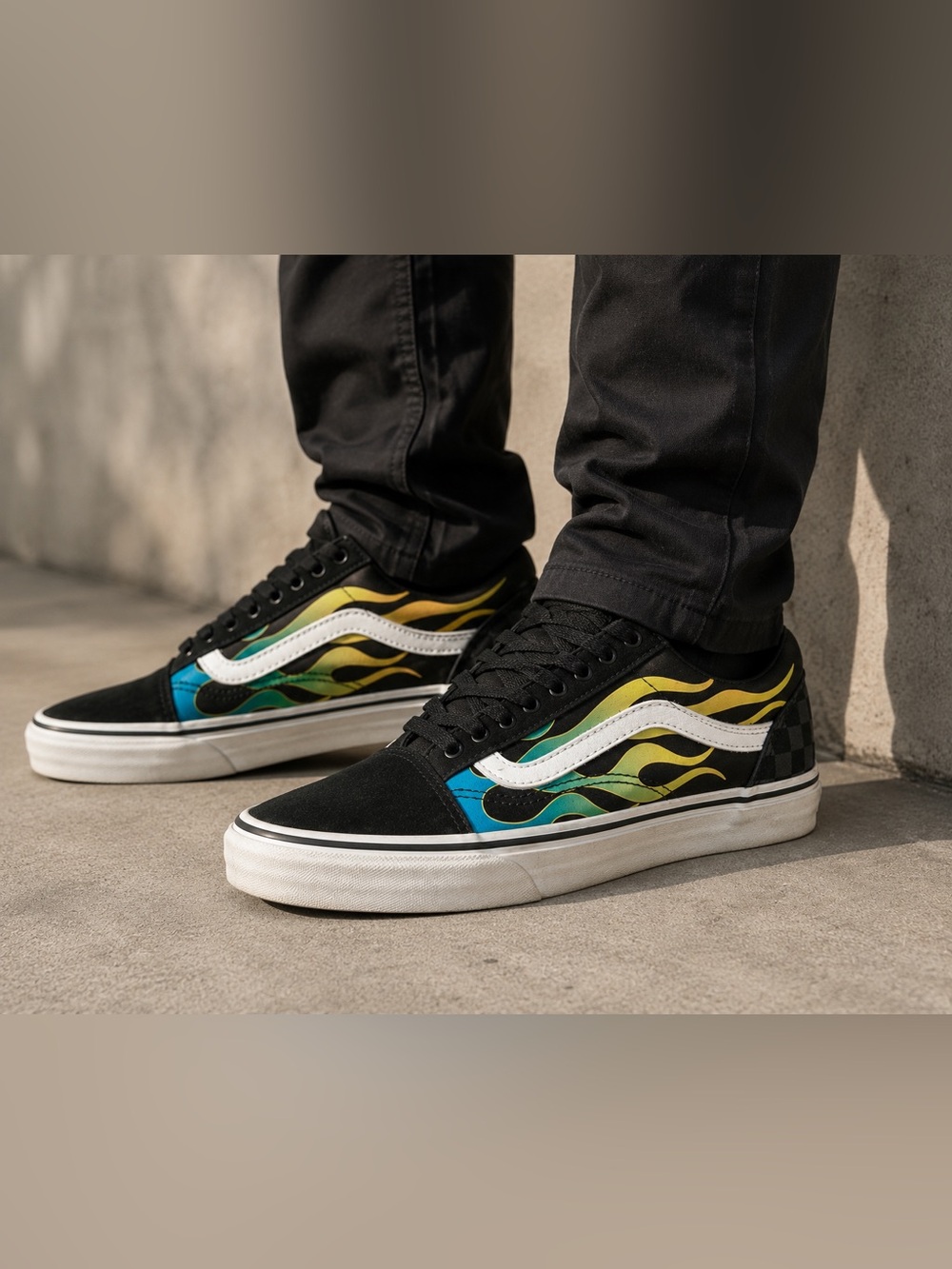 Vans Old Skool Flame Print Sneakers Black Multi-Color Skate Shoes - Picture 3 of 11